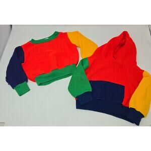 Vintage 3T Color Block Hoodie and Sweatshirt Pair 1980s Red Blue Yellow Green